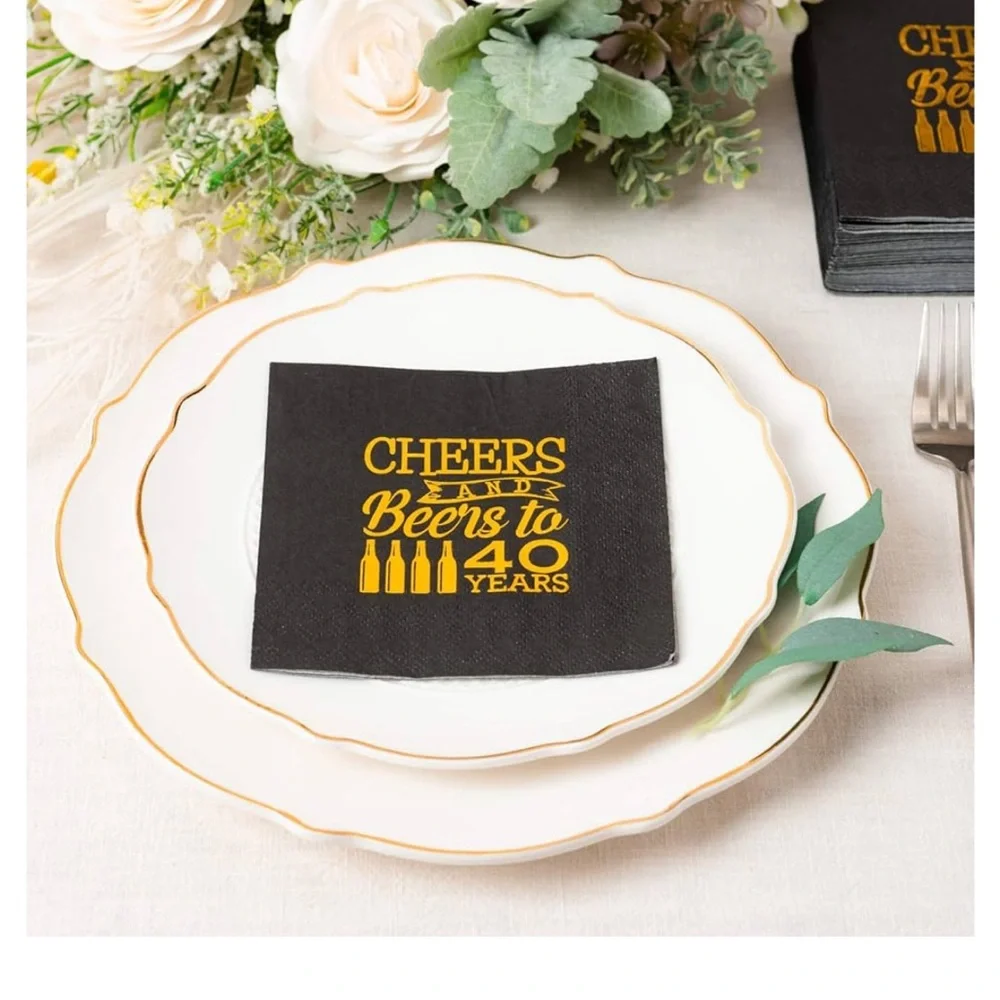 24 serving black gold paper product cheers and beers to 40 years +50 adl napkins
